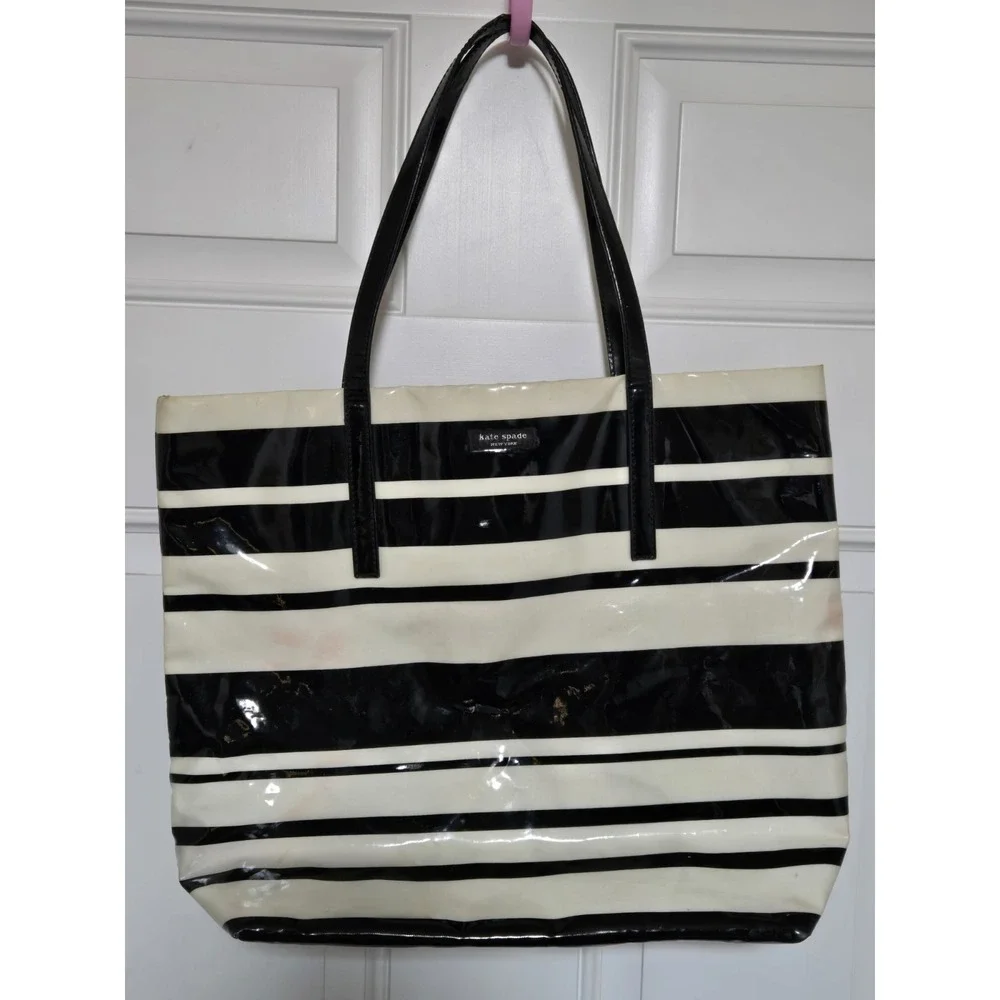 Kate Spade New‎ York Vinyl Tote Bag Black White Stripes Needs Cleaned Read!